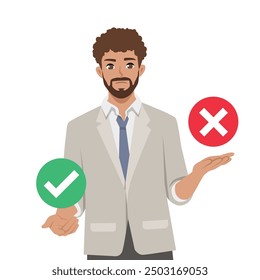 Young bearded man decision between right or left, yes or no. Flat vector illustration isolated on white background