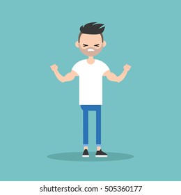 Young bearded man demonstrating his strength / editable flat vector illustration