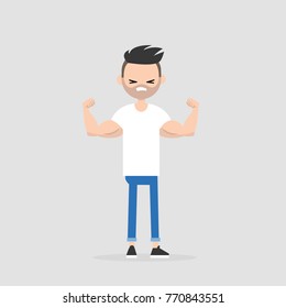 Young bearded man demonstrating his strength editable flat vector illustration