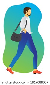 Young bearded man dressed in jeans walks. Flat illustration