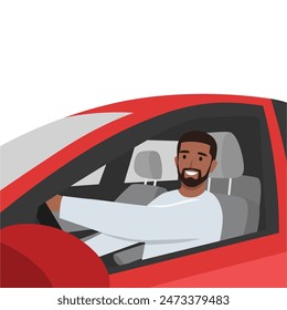 Young bearded man driving the red car side view profile. Looking at viewer. Flat vector illustration isolated on white background