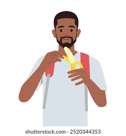 Jovem barbudo comendo banana. Ilustração de vetor plano isolada no plano de fundo branco