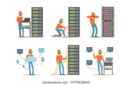 Young Bearded Man Engaged in Repair and Maintenance of Servers and Computers Vector Set