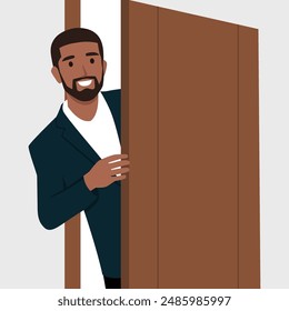 Young bearded man enters a room at home. Flat vector illustration isolated on white background