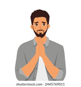 Young bearded man feeling sorry folded hands as if he is praying. Flat vector illustration isolated on white background