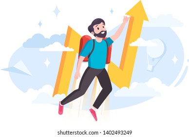 Young bearded man flying up in the sky with innovative jetpack. Inventor trying out experimental model. Reactive startup business. Bold arrow going up after decrease. Technology progress.