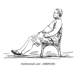 Young bearded man in glasses and flip flops sits on bench with legs outstretched and hands in pockets, Vector sketch, Hand drawn illustration