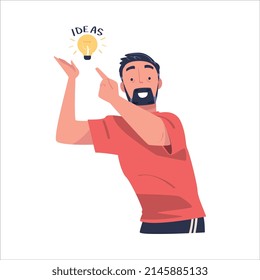 Young Bearded Man with Glowing Light Bulb Having Idea Vector Illustration