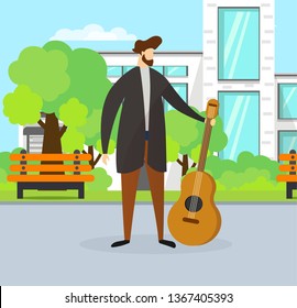Young Bearded Man Guitarist. Talented Musician Guy Holding Guitar on Urban Background with Building, Bench and Green Trees. Street Musical Performance. Outdoor Show. Cartoon Flat Vector Illustration.