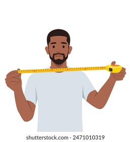 Young bearded man hand holding tape measure. Flat vector illustration isolated on white background