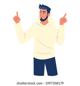 young bearded man hands up