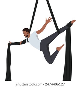 Young bearded man hanging in aerial silk. Flat vector illustration isolated on white background