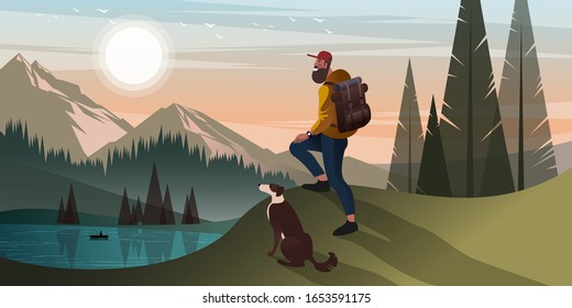 Young Bearded Man Is Hiking In The Mountains With A Dog. Flat Graphic Vector Illustration.