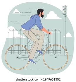 Young bearded man hipster riding bike. Stylish guy on bicycle flat vector illustration
