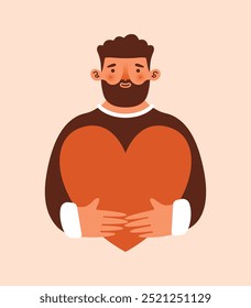 Hombre barbudo joven que sostiene el corazón grande en las manos. Linda ilustración ingenua con persona masculina. Día Mundial de la Amabilidad. Voluntariado, Asistencia, compartir concepto de amor. Asistencia de la salud mental. Diseño plano. Clip art.