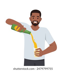 Joven barbudo sosteniendo una botella de cerveza. vertiendo cerveza sobre vidrio. Ilustración vectorial plana aislada sobre fondo blanco