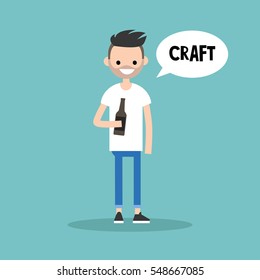 Young bearded man holding a bottle of craft beer / editable flat illustration, clip art
