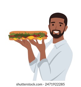 Joven barbudo sosteniendo un sándwich largo con una ensalada fresca. Ilustración vectorial plana aislada sobre fondo blanco