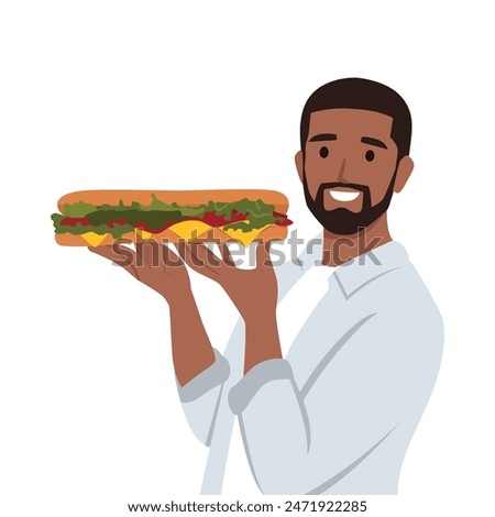 Young bearded man holding a long sandwich with a fresh salad. Flat vector illustration isolated on white background