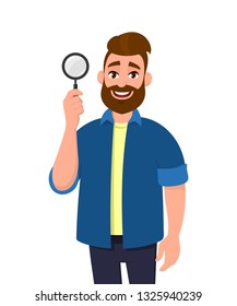 Young bearded man holding magnifying glass in hand while standing isolated. Search, find, discovery, analyze, inspect, investigation concept illustration in vector cartoon flat style. 