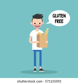 Young bearded man holding a paper bag with gluten free bread / flat editable vector illustration, clip art