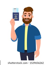 Young bearded man holding a passport with tickets. Trendy person showing boarding pass. Male character design illustration. Modern lifestyle, latest trend, travelling concept in vector cartoon style.