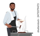 Young bearded man holding a slice of meat with accessories for the barbecue. Flat vector illustration isolated on white background