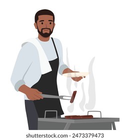 Young bearded man holding a slice of meat with accessories for the barbecue. Flat vector illustration isolated on white background