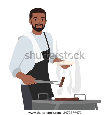 Young bearded man holding a slice of meat with accessories for the barbecue. Flat vector illustration isolated on white background