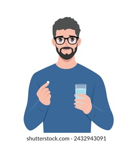 Young bearded man holds pharmacy pills and glass of water. Flat vector illustration isolated on white background