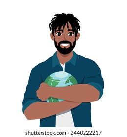 Young bearded man hugging the planet, the concept of environmental protection. Flat vector illustration isolated on white background