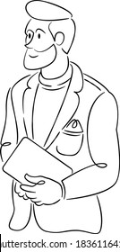 Young bearded man in a jacket with a tablet laptop. Continuous single line.Flat sketch line design style minimal artline ink vector illustration.