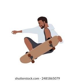 Young bearded man jump skateboard wearing hoodie. Flat vector illustration isolated on white background