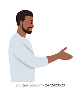 Young bearded man lawyer asks for a handshake from side view. Flat vector illustration isolated on white background