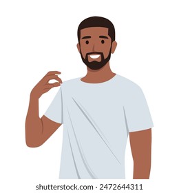 Young bearded man looking arrogant holding his shirt, successful, positive and proud. Flat vector illustration isolated on white background