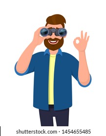 Young bearded man looking in the distance through binoculars and gesturing, making okay or OK sign with hand fingers. Modern lifestyle, technology concept illustration in vector cartoon style.