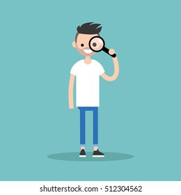 Hombre jóven barbudo mirando a través de la lupa / ilustración plana editable vectorial