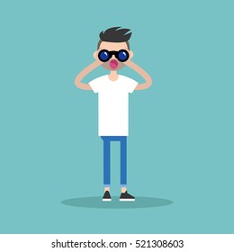 Young bearded man looking through a binocular / editable flat vector illustration, clip art