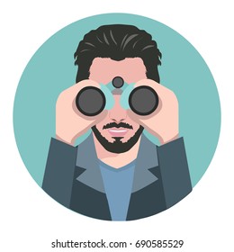 Young bearded man looking through a binocular.