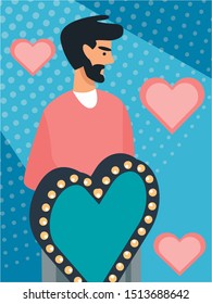 Young Bearded Man Love Show Participant Take Part in Quiz Searching Partnership Relations, Television Entertainment, Game for Intellectual People, Amusement Program. Cartoon Flat Vector Illustration