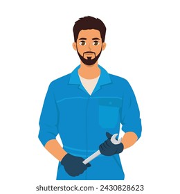 Young Bearded man mechanic or handyman in work clothes holding a spanner. Flat Vector Character Illustration Isolated on White Background