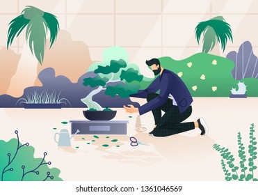 Young Bearded Man in Modern Clothing Enjoying Hobby Caring, Pruning and Trimming of Bonsai Tree in Beautiful Greenhouse. Plants Gardening, Traditional Asian Art. Cartoon Flat Vector Illustration.
