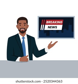 Jovem barbudo homem âncora de notícias na TV Breaking News fundo. Ilustração de vetor plano isolada no plano de fundo branco