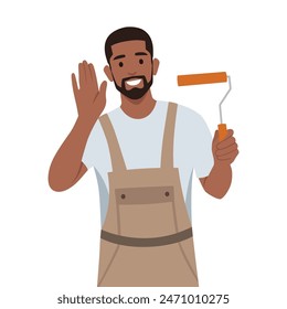 Young bearded man Painter with paintbrush ready to paint the wall. Flat vector illustration isolated on white background