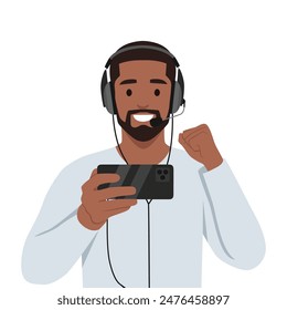 Young bearded man play mobile game on smartphone. Flat vector illustration isolated on white background