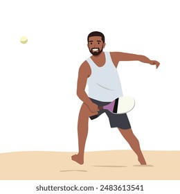 Young bearded man playing beach, paddle tennis, hitting ball with racket. Flat vector illustration isolated on white background