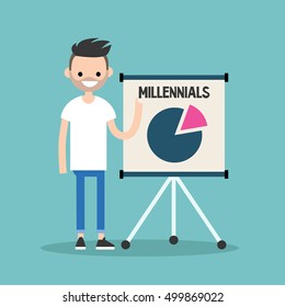 Young bearded man pointing on the flip chart with the infographics about millennials / flat editable vector illustration