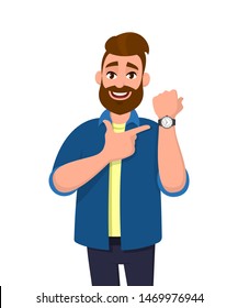 Young bearded man pointing or showing time on his wrist watch. Male character design illustration. Trendy person standing isolated in white background. Modern lifestyle, concept in vector cartoon.