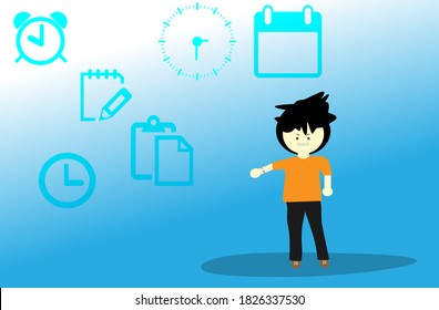 Young bearded man pointing or showing time on his wrist watch. Male character design illustration. Trendy person standing isolated in white background. Modern lifestyle, concept in vector cartoon.