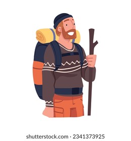 Young Bearded Man with Pole Engaged in Local Tourism Wearing Backpack and Hiking Vector Illustration